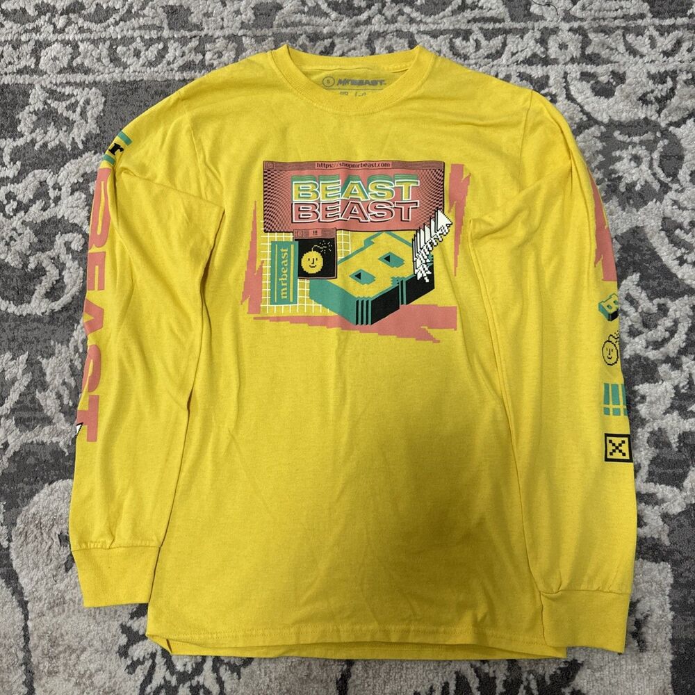 Mr. Beast Adult Crew Neck Long Sleeve Graphic T-Shirt Yellow  (Small) Unisex